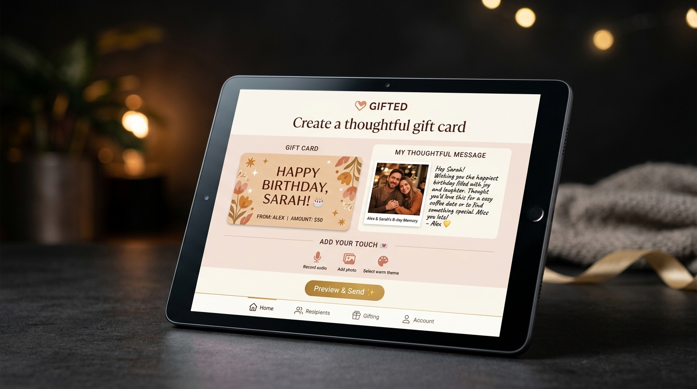 GiftMail Emotional UI Tablet Mockup